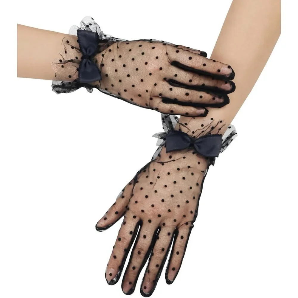 Women's Black Short Polka Dot Lace Bow Mesh Party Wedding Bridal Gloves Prom